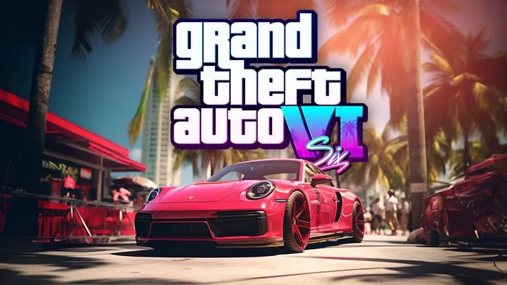 Ilustrasi konsep open world GTA 6 dengan siluet karakter di atas gedung pencakar langit, latar matahari terbenam kota fiksi, ditumpuk dengan logo Mortal Shell 2 dan Crystal Dynamics dalam bingkai berantakan.